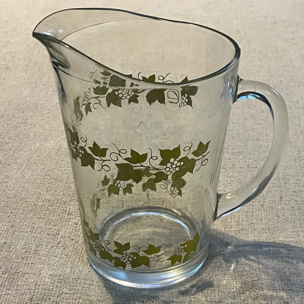 Vintage Clear Glass Pitcher Olive Green Grapevine Leaf Pattern Mid Century Style